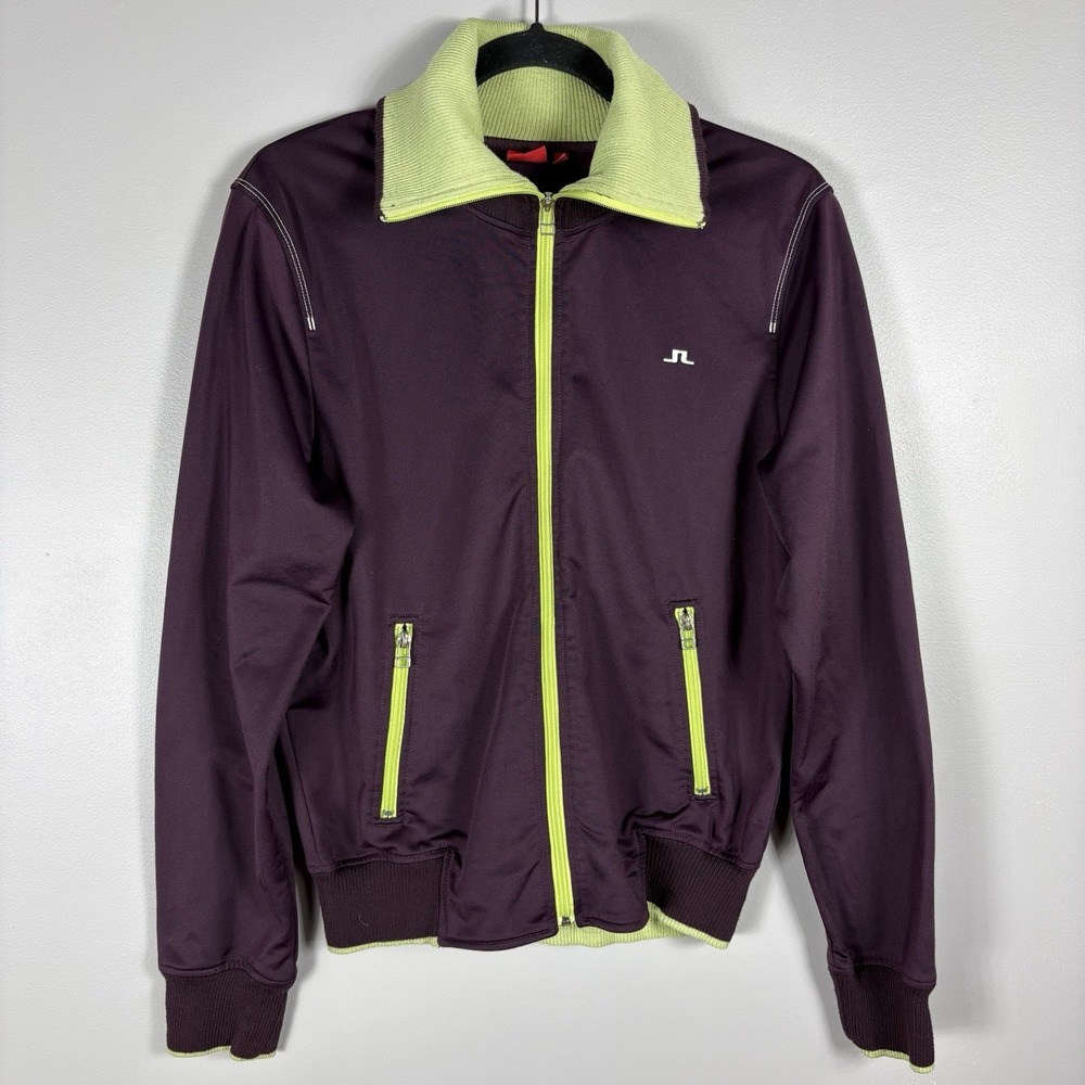 J Lindeberg Women's‎ Large Maroon Yellow Ribbed Mock Neck Full Zip Track Jacket